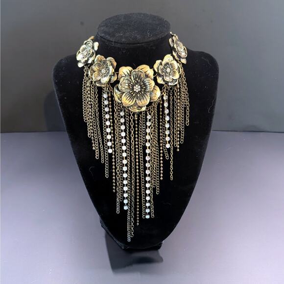 Statement Floral Fringe Bib Necklace Antique Gold-Tone with Rhinestone Waterfall - Picture 1 of 2